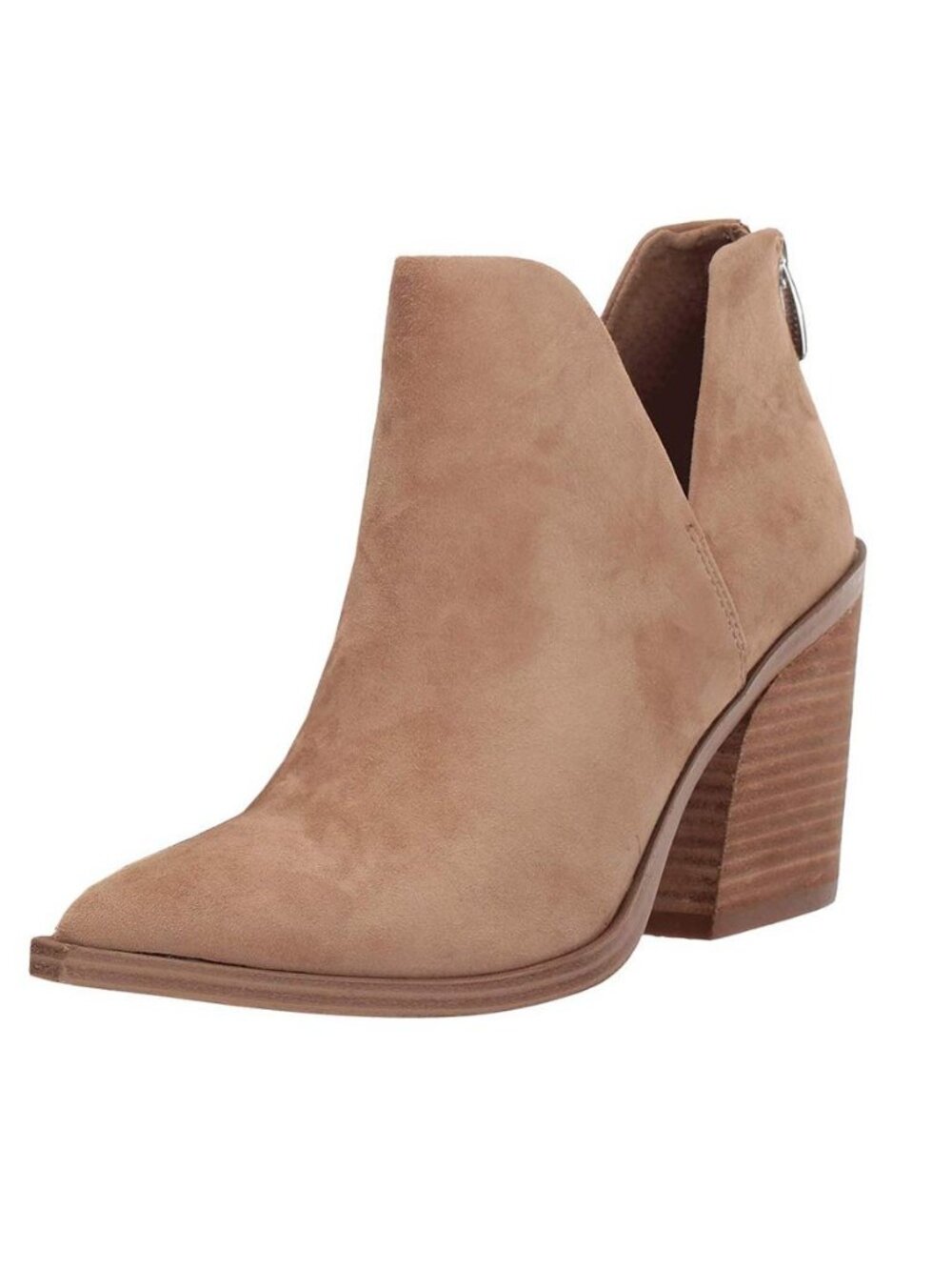 Womens Slip on Ankle Boots V Cutout Pointed Toe Chunky Stacked Mid Heel Booties